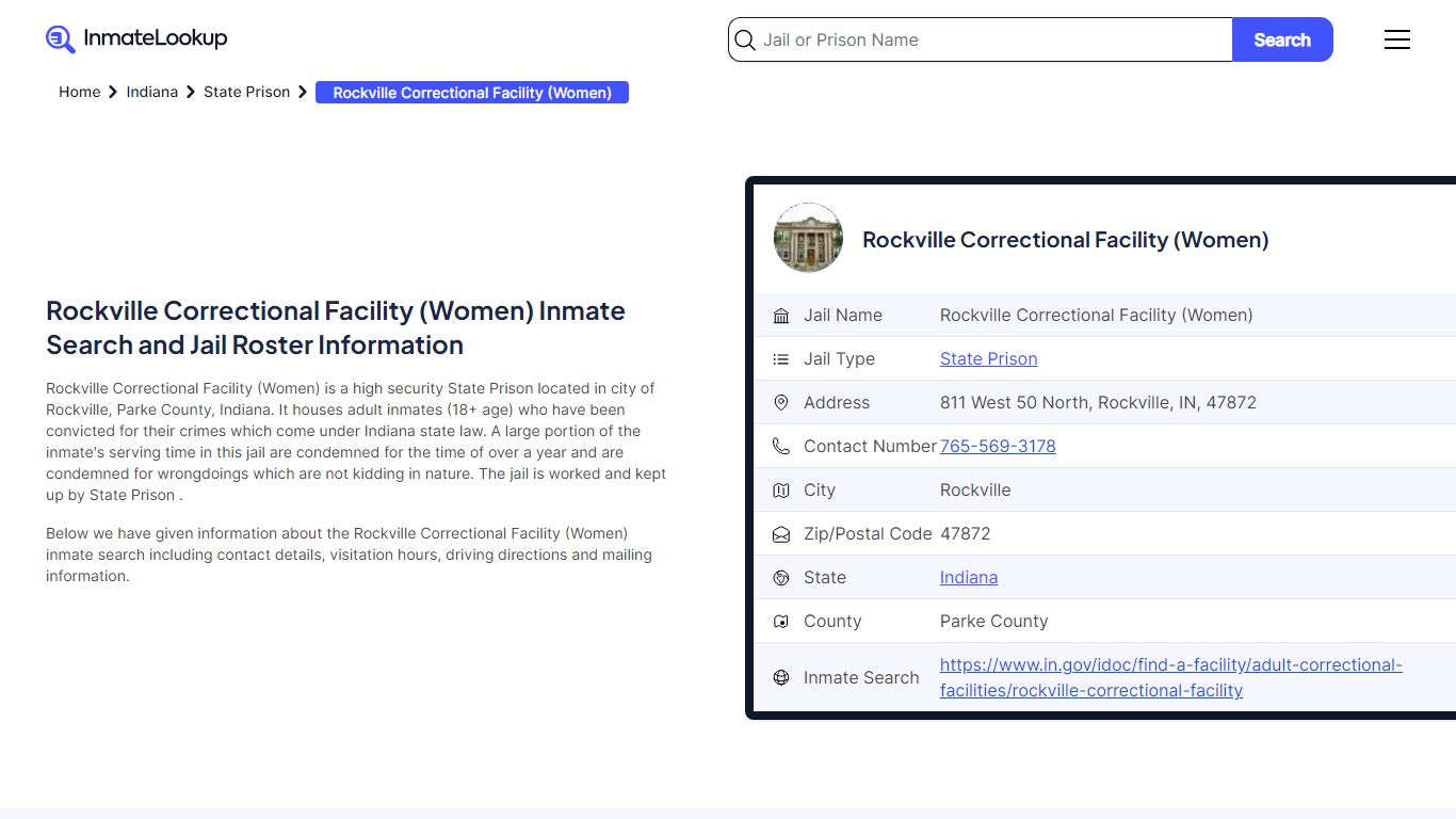 Rockville Correctional Facility (Women) Inmate Search - Inmate Lookup